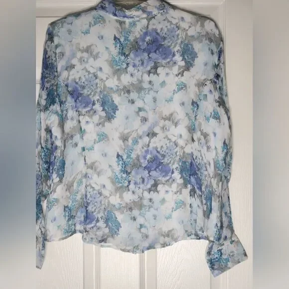 Coldwater Creek PXL White Mlticlrd Floral Print Lined Lngslv Women Shirt Blouse - Picture 6 of 7